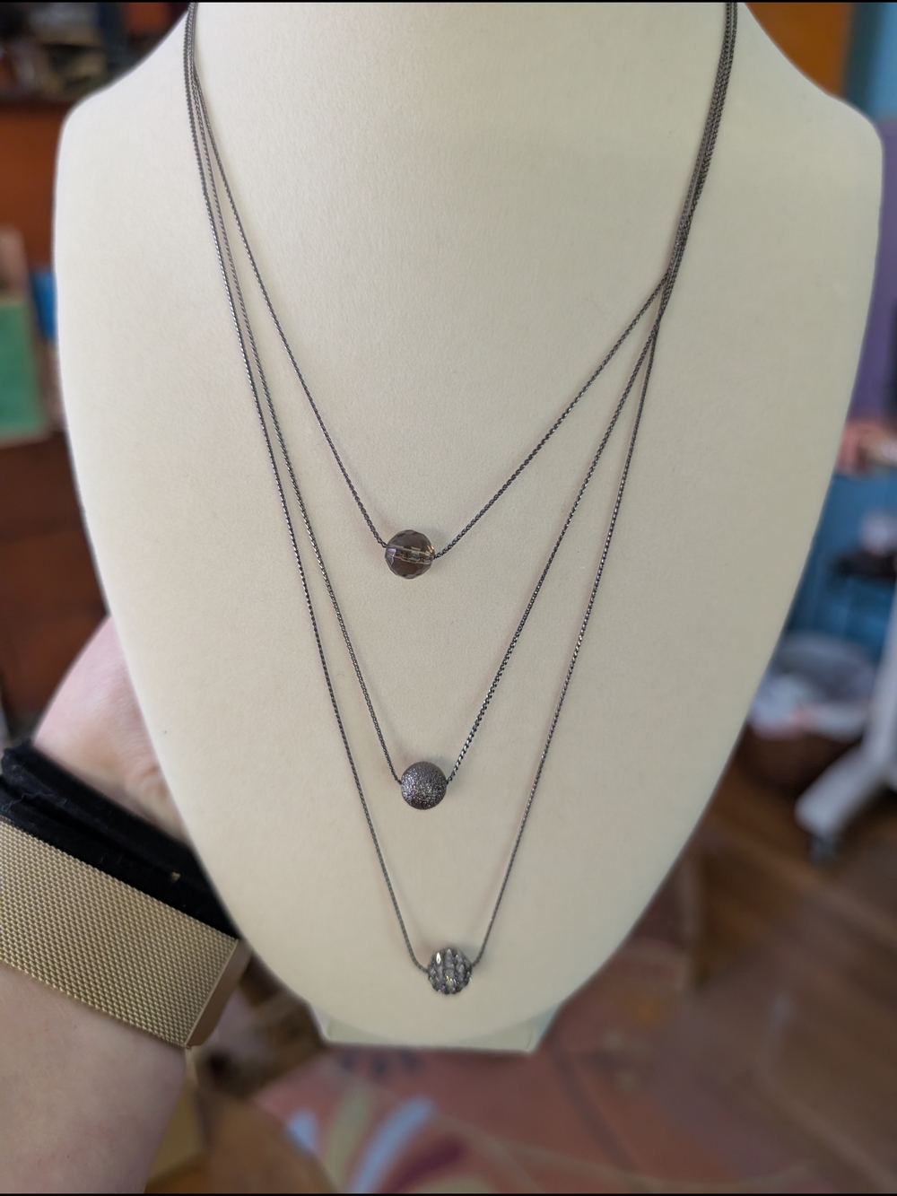 Triple Layer Disc Necklace - Dark Silver Tone